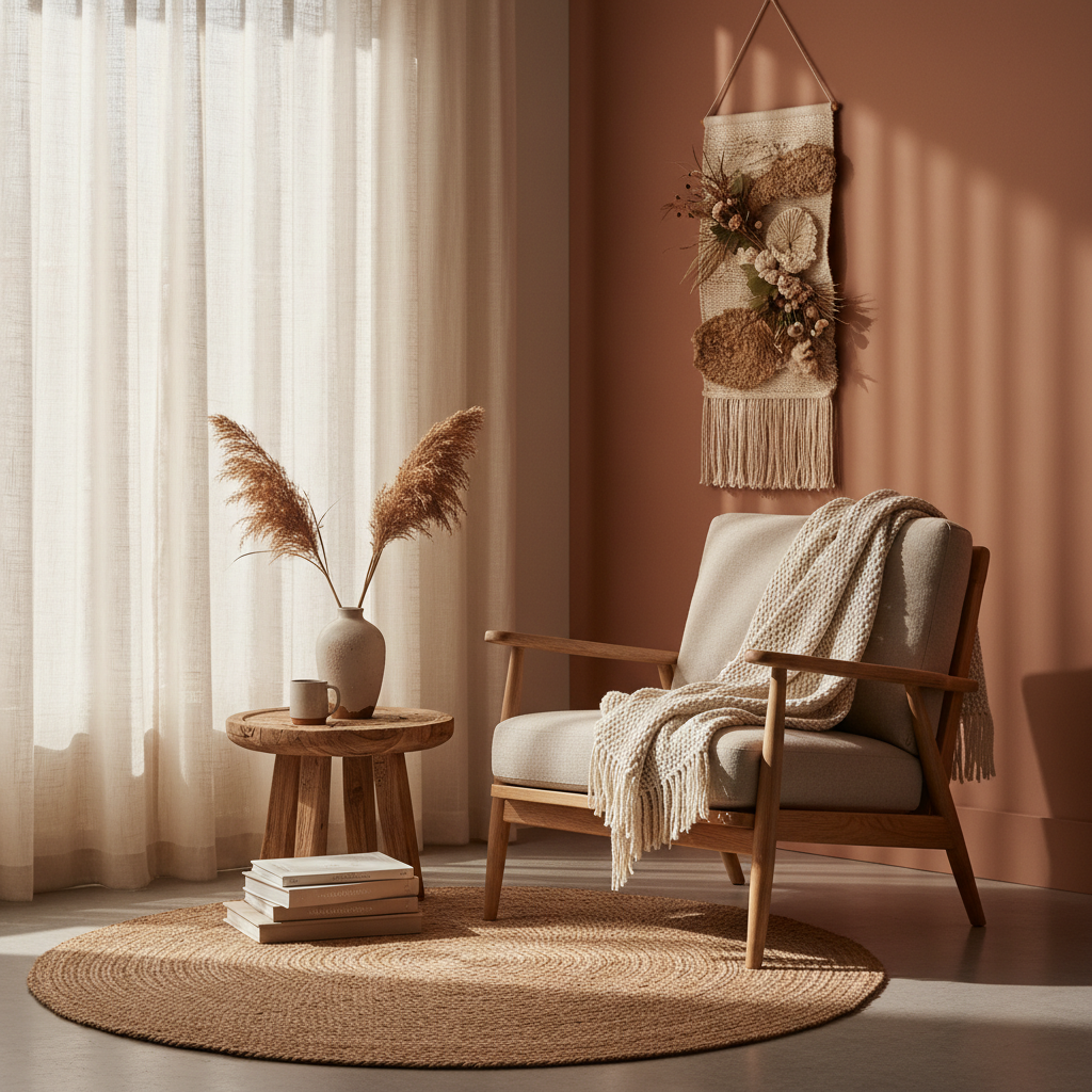 Sunlit living room with a soft throw blanket on an armchair, warm light, and earthy tones