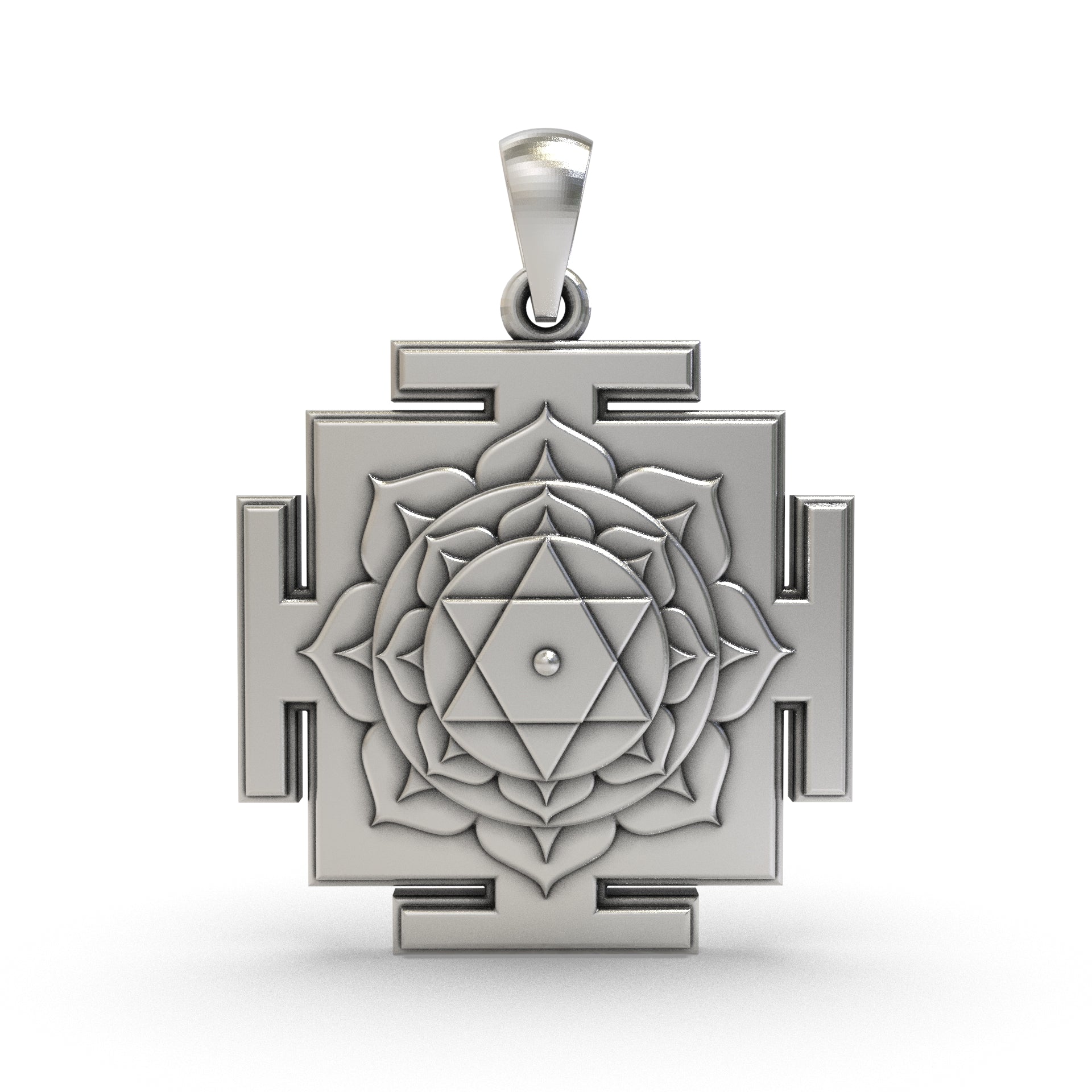 Front view of the 925 Silver Bhuvaneshwari Yantra Pendant showcasing intricate sacred geometric detailing.