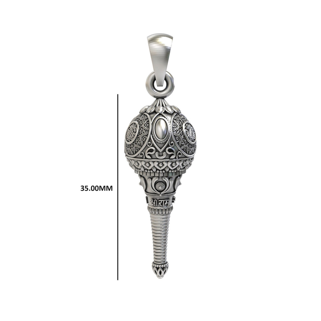 An angled view of the 925 sterling silver Hanumanji Gada pendant, emphasizing its antique, oxidized appearance.