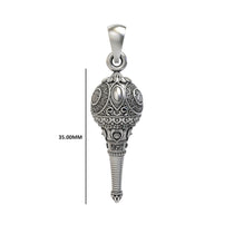 An angled view of the 925 sterling silver Hanumanji Gada pendant, emphasizing its antique, oxidized appearance.