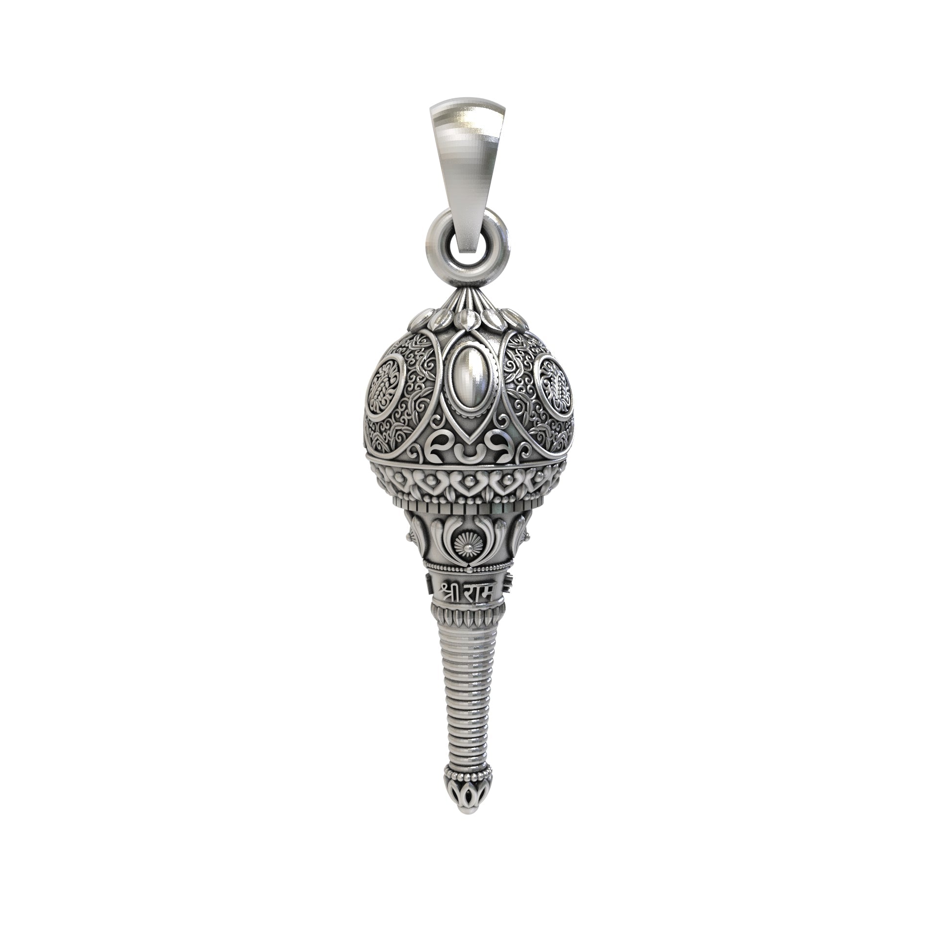 Front view of the detailed Silver Hanumanji Gada Pendant, crafted from 925 sterling silver with an oxidized finish.