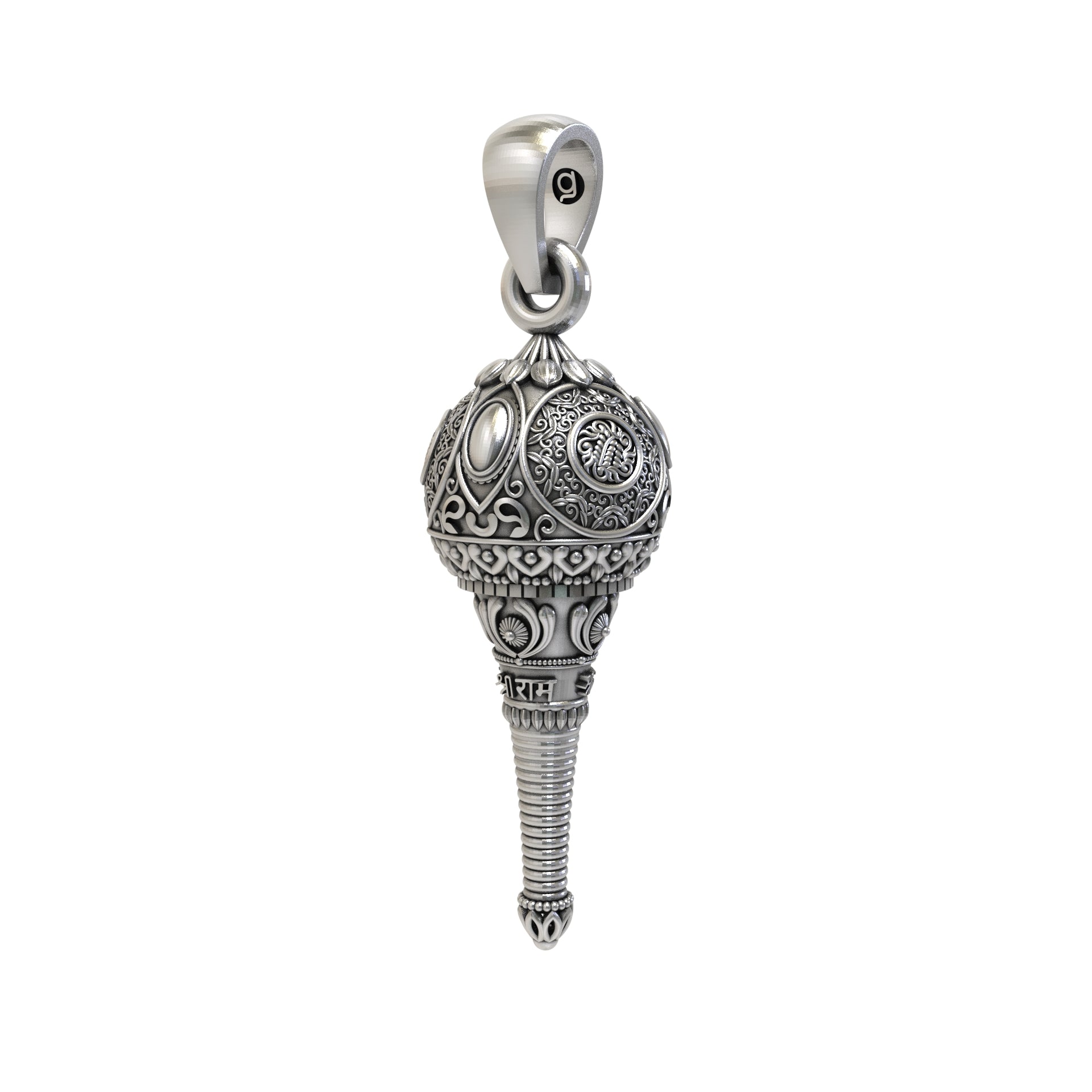 A side profile view of the 925 sterling silver Hanumanji Gada pendant, showcasing its intricate, handcrafted design.