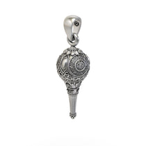 Close-up detail shot of the oxidized Silver Hanumanji Gada pendant, highlighting the textures of the divine weapon.