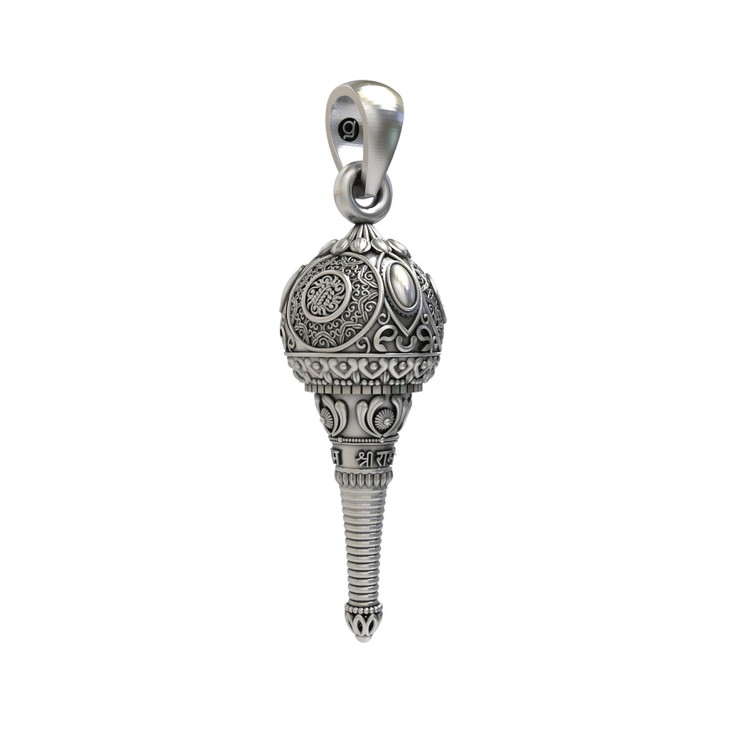 The back of the Silver Hanumanji Gada pendant, showing its hollow design for lightweight comfort in 925 silver.