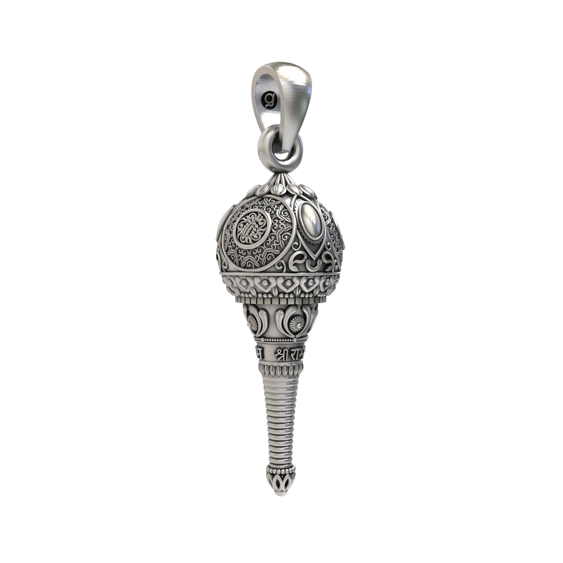 The back of the Silver Hanumanji Gada pendant, showing its hollow design for lightweight comfort in 925 silver.