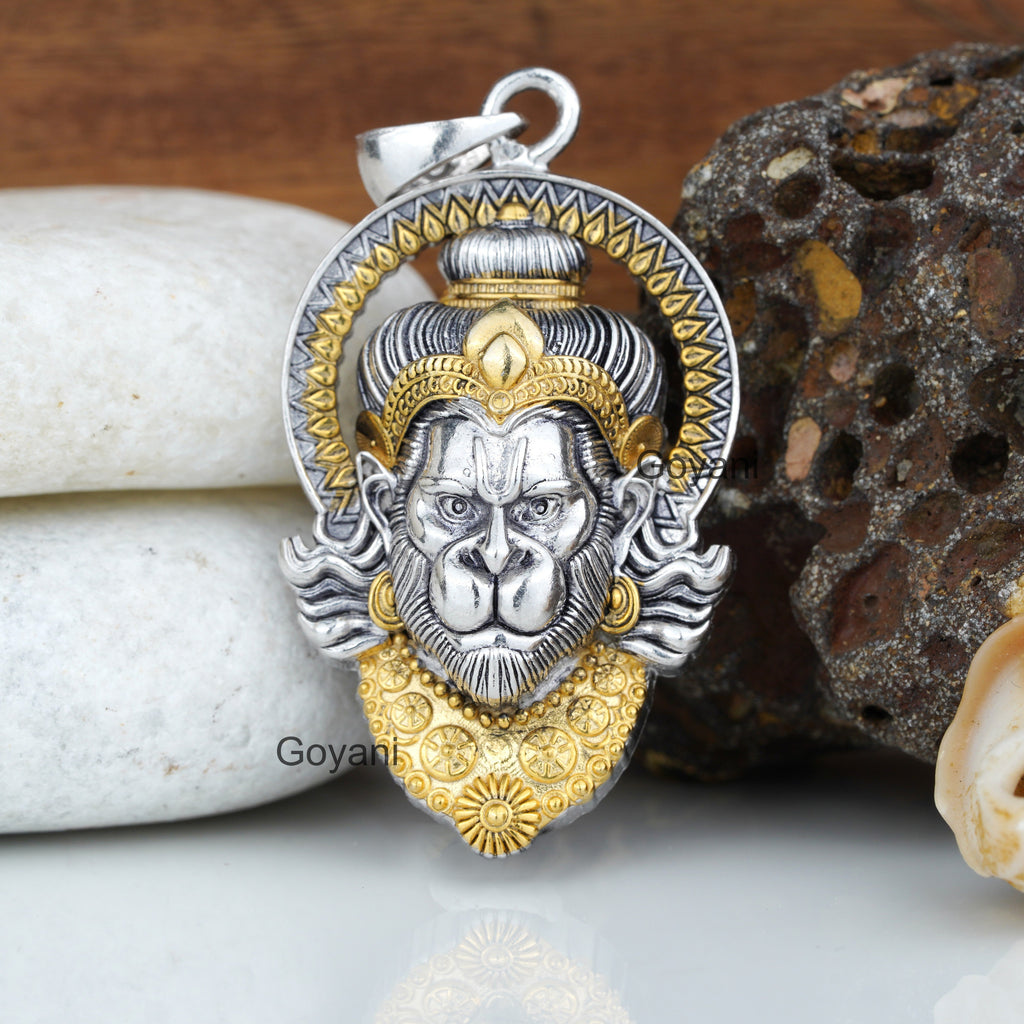 Front view of the 925 silver Hanumanji face pendant showing the intricate detailing of Lord Bajrangbali.