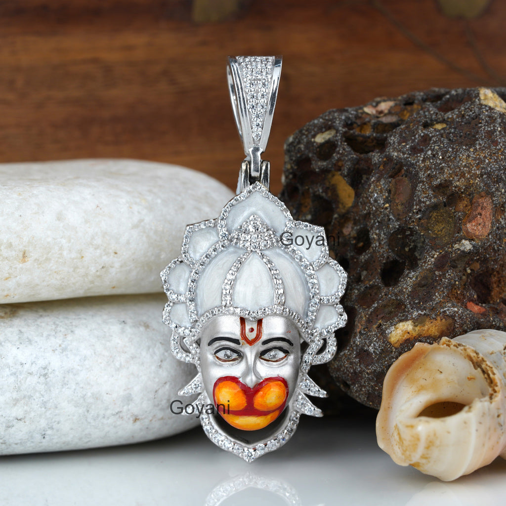 A front view of the 925 silver Hanumanji face pendant showing the intricate Meena work and diamond detailing.