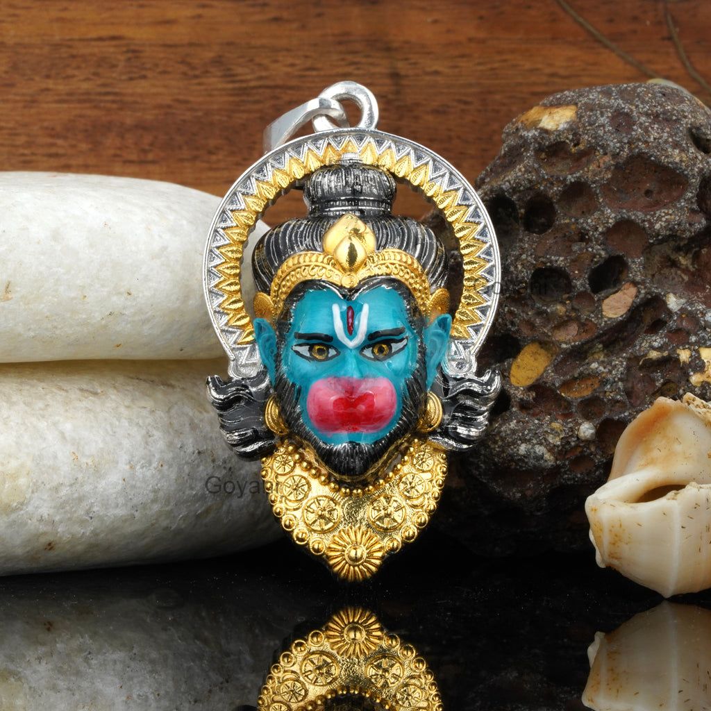 Front view of the 925 silver Hanumanji face pendant showcasing the intricate diamond and Meenakari (mina) work.
