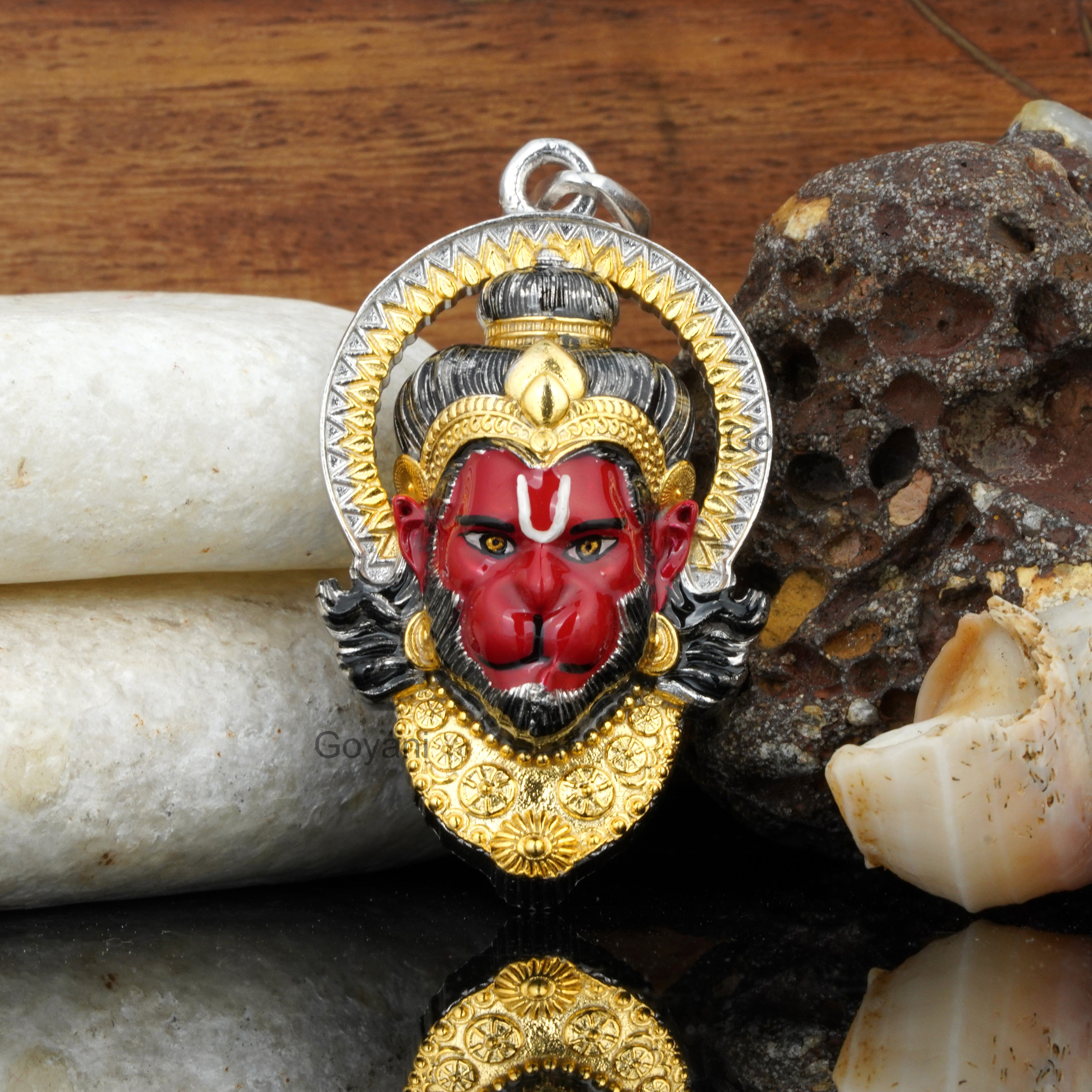 925 Silver Hanumanji Face Pendant | Finest Mina Work & Devotion Secondary image