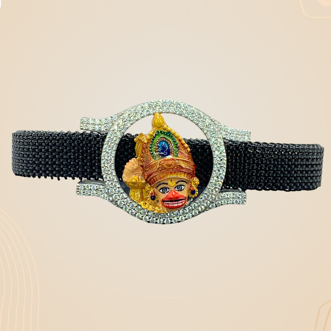 Detailed front view of the Salangpur Hanumanji 925 silver bracelet highlighting the premium Mina work and diamonds.