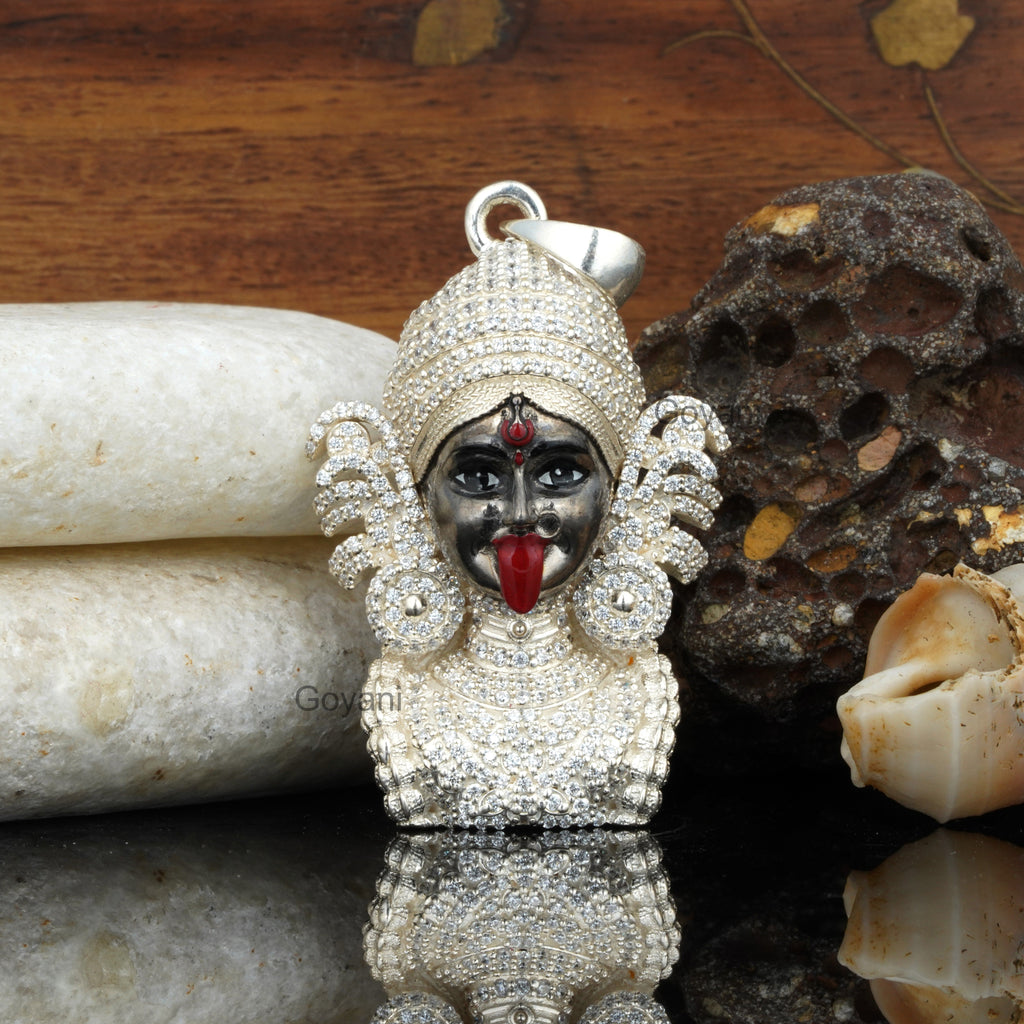 Front view of the 925 silver Kali Maa pendant showing the intricate Meena work and diamond detailing for devotees.