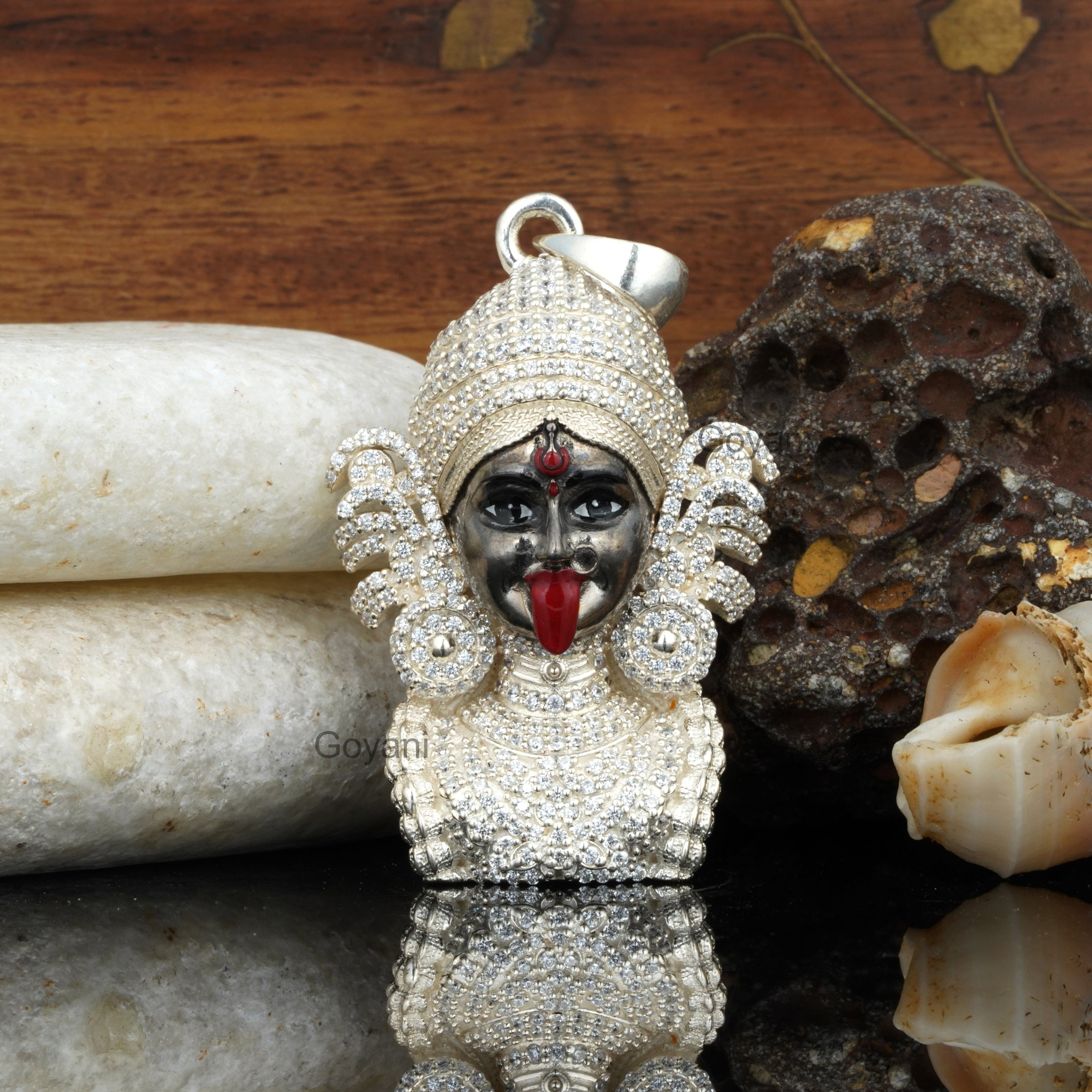 Front view of the 925 silver Kali Maa pendant showing the intricate Meena work and diamond detailing for devotees.