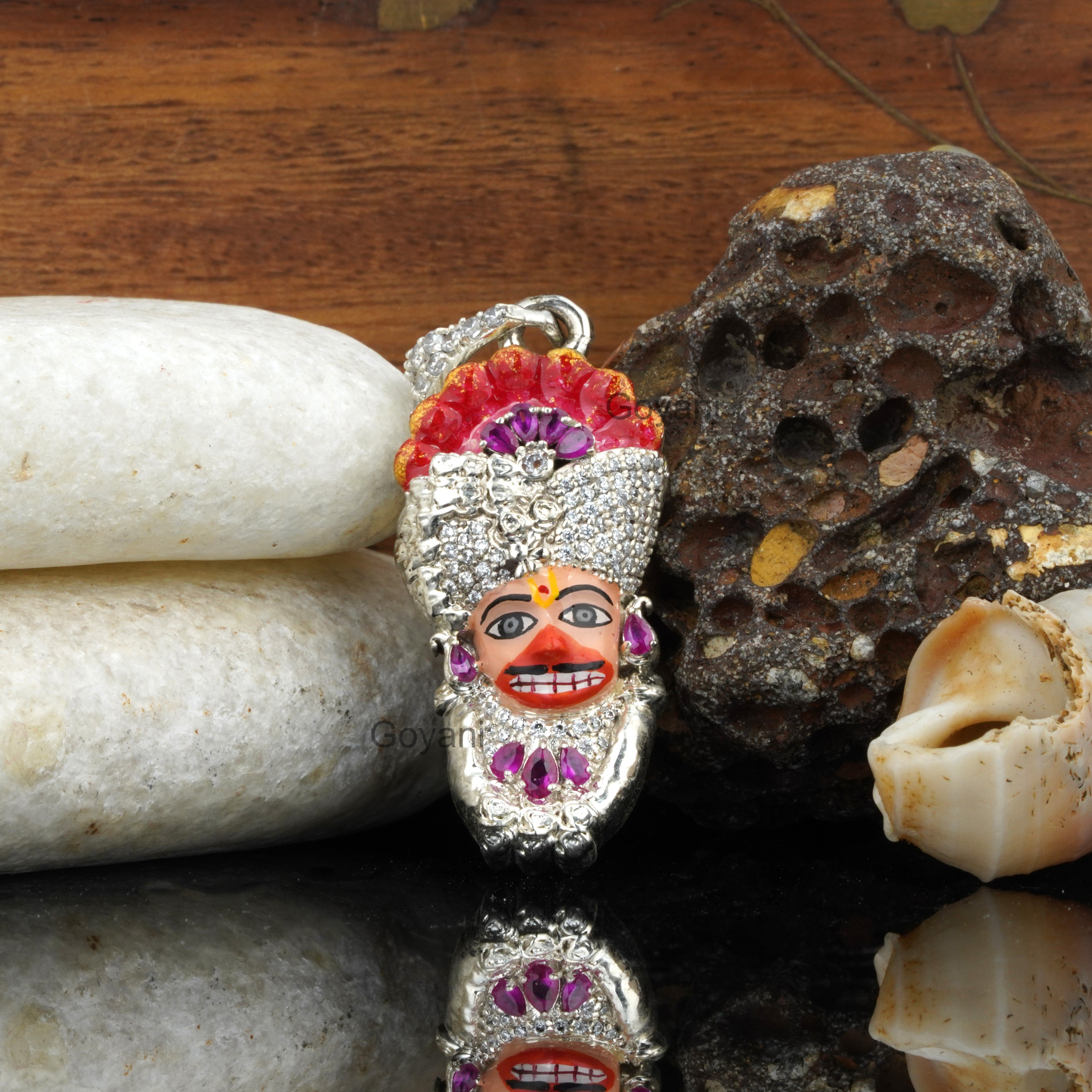 Front view of the 925 Silver Sarangpur Hanuman Pendant featuring detailed mina enamel work and diamond accents. Main image