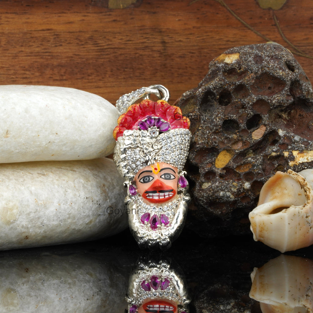 Front view of the 925 Silver Sarangpur Hanuman Pendant featuring detailed mina enamel work and diamond accents.