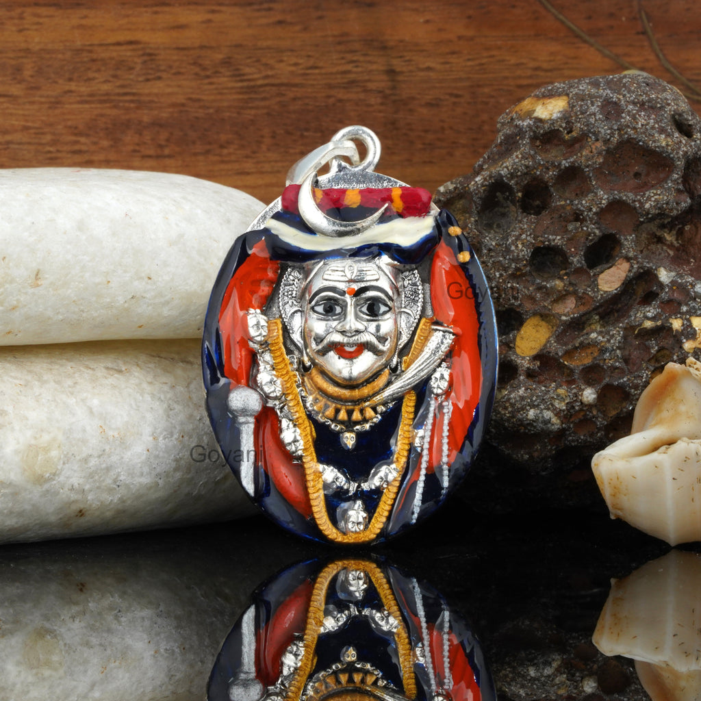 Front view of a 925 Silver Kashi Kaal Bhairav Pendant with intricate, colorful Meena work on the deity's face.