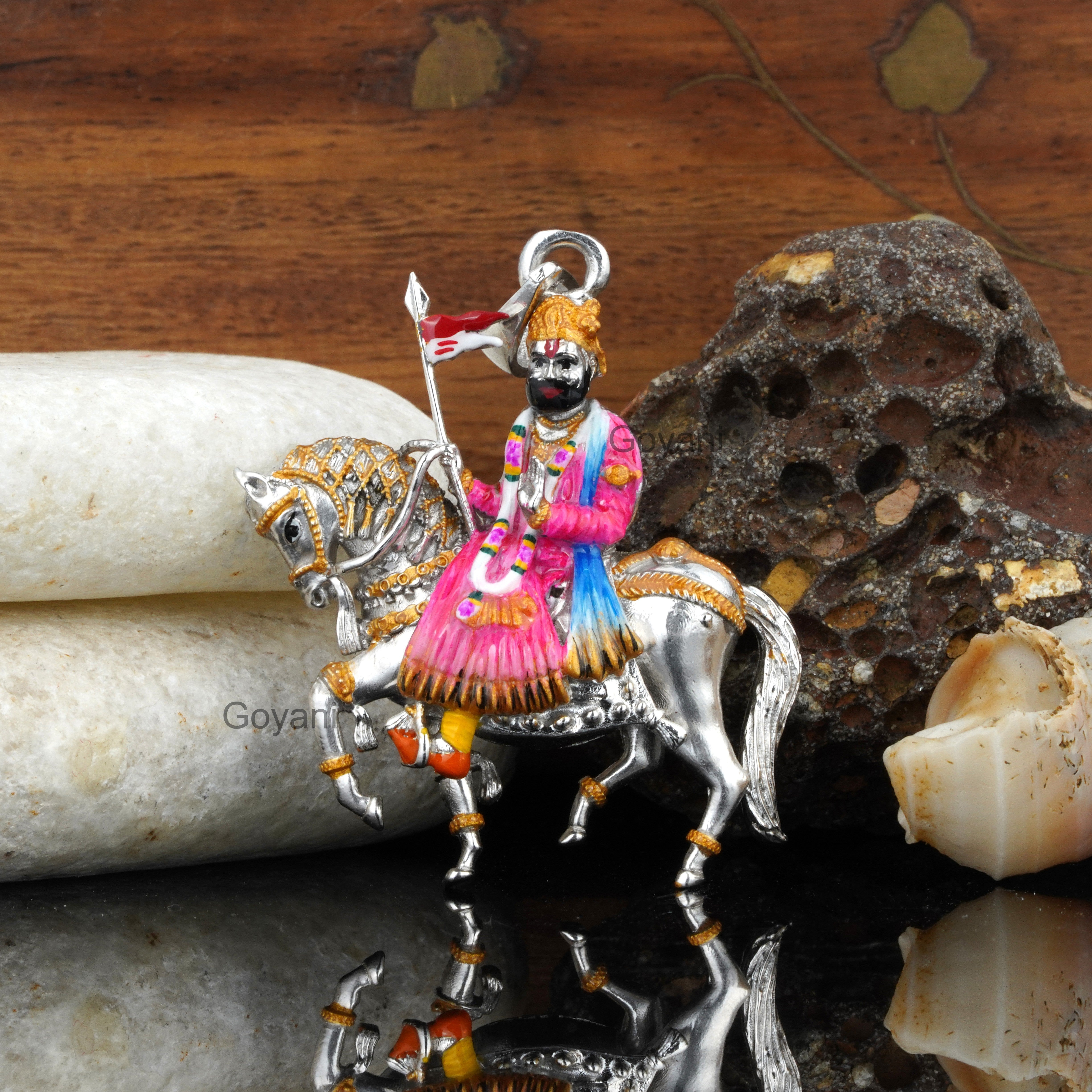 Front view of a 925 silver Ramdevpir pendant showing the intricate colorful Meena work and oxidized finish. Main image