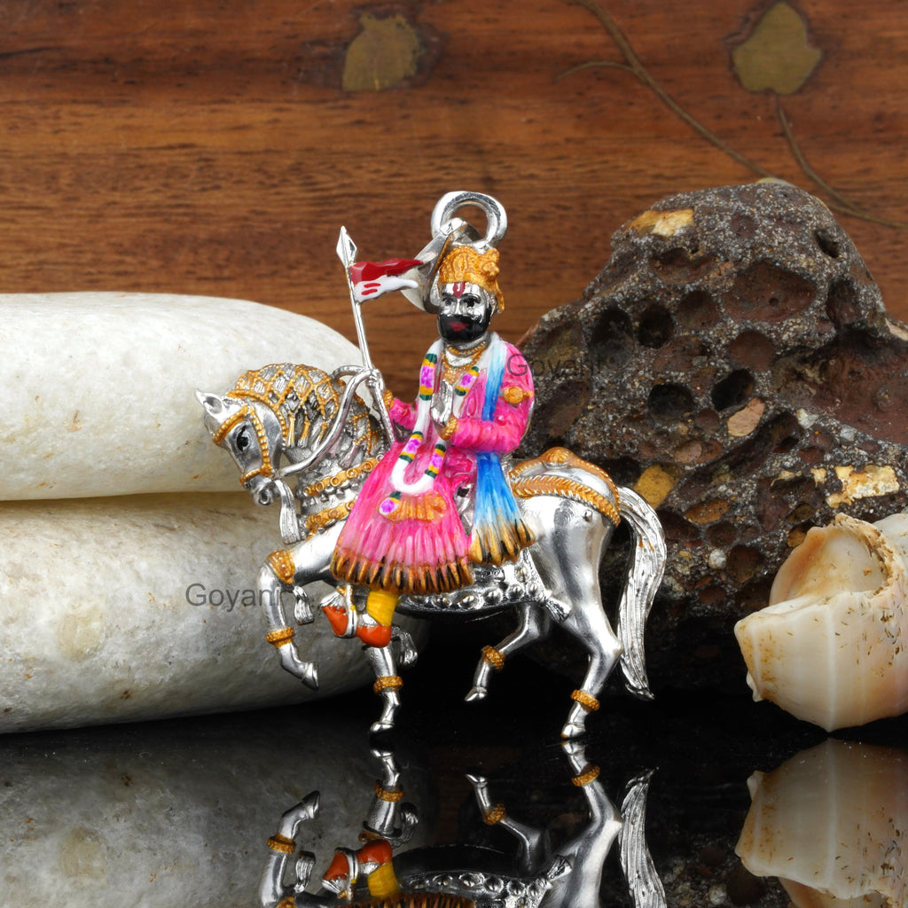 Front view of a 925 silver Ramdevpir pendant showing the intricate colorful Meena work and oxidized finish.