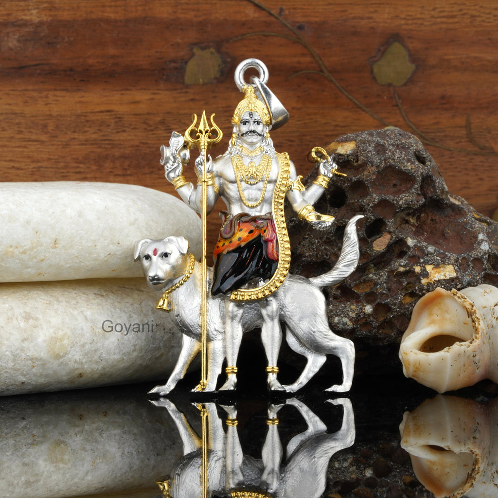 Front view of an oxidized 925 silver Kaal Bhairav pendant showing the intricate enamel mina work and fierce deity.