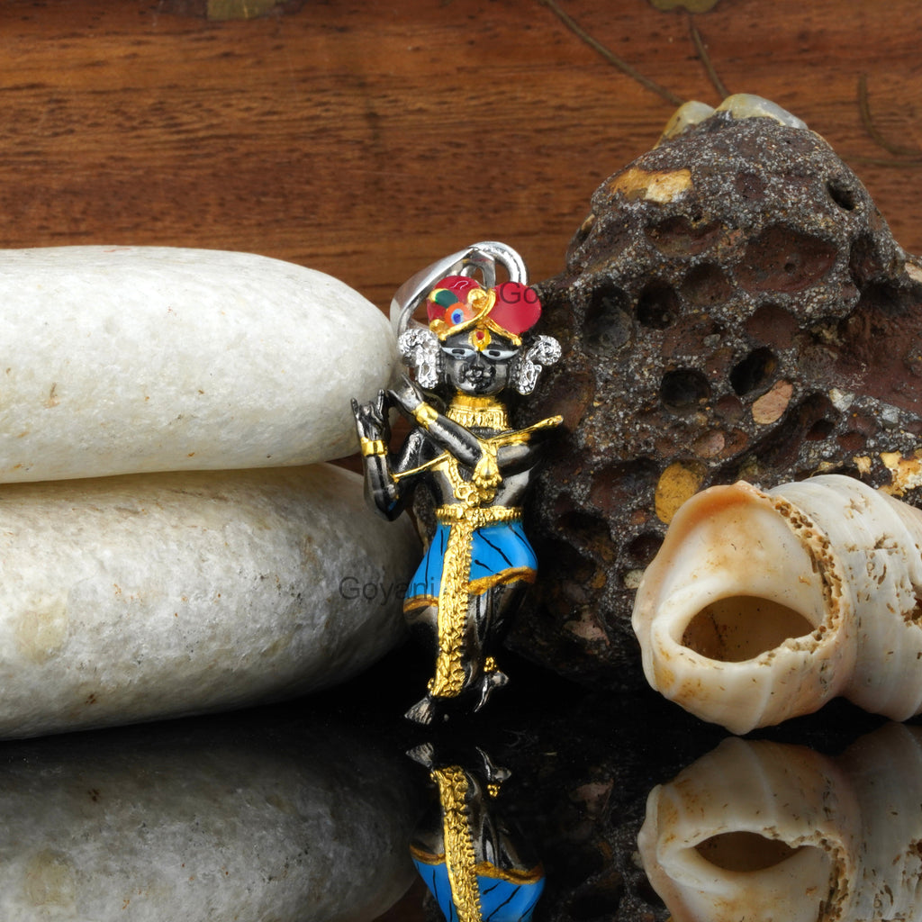Front view of the 925 Silver Radha Raman Pendant showing Lord Krishna with intricate, colourful Mina enamel work.