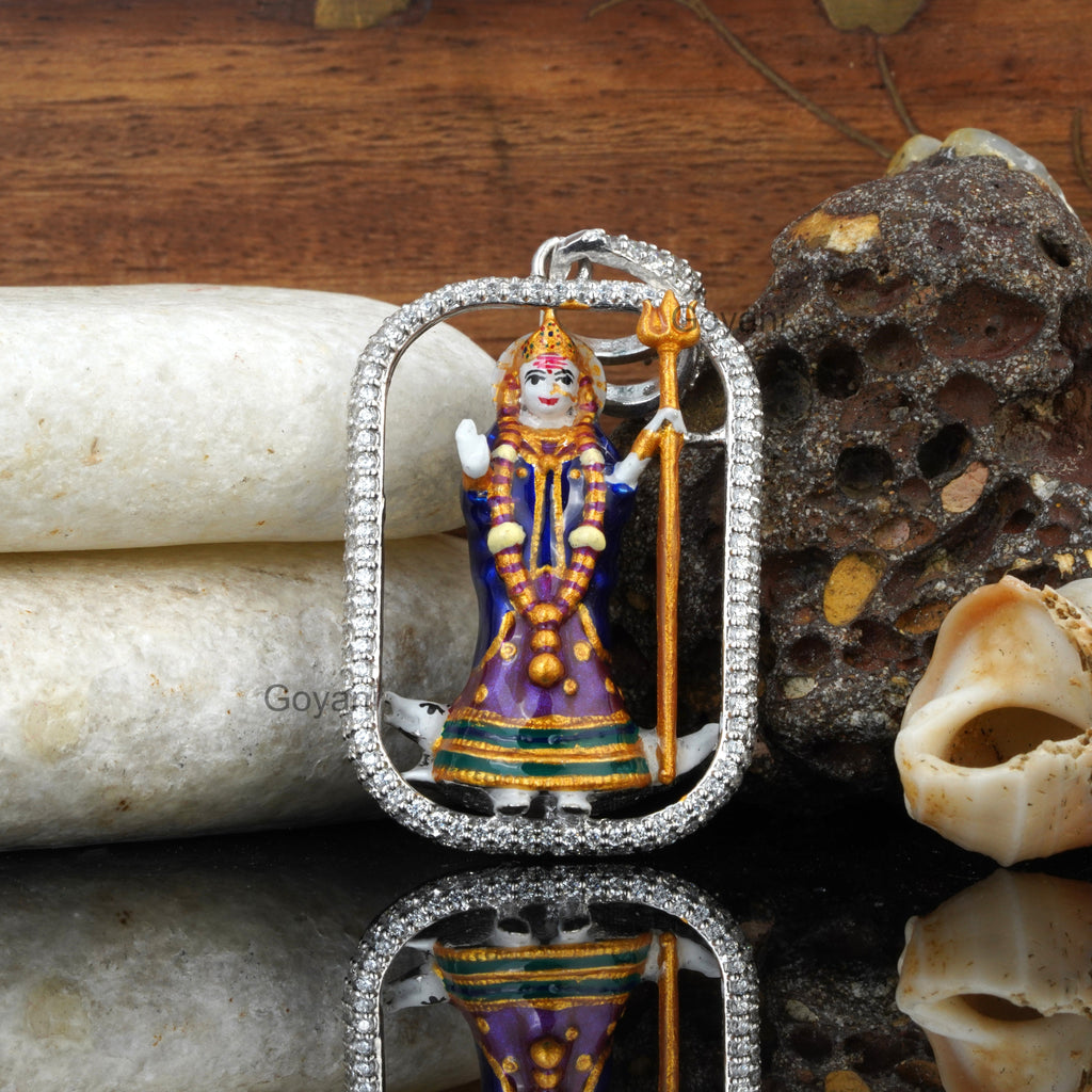 Front view of a handcrafted 925 silver Khodiyar Maa pendant showing vibrant Meenakari and diamond detailing.