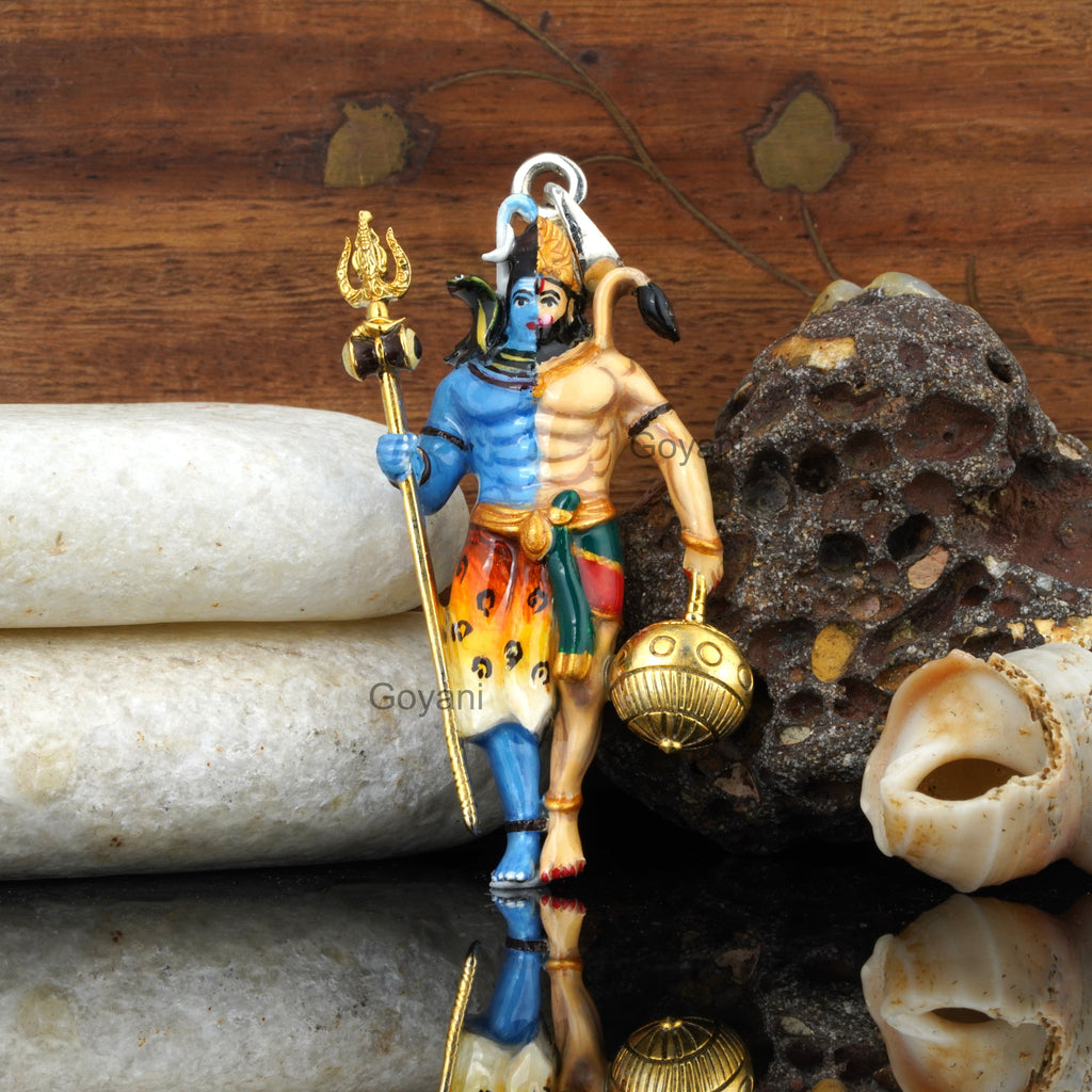 Front view of the 925 silver Shiv and Hanumanji pendant with vibrant blue and red Mina work on an oxidized finish.