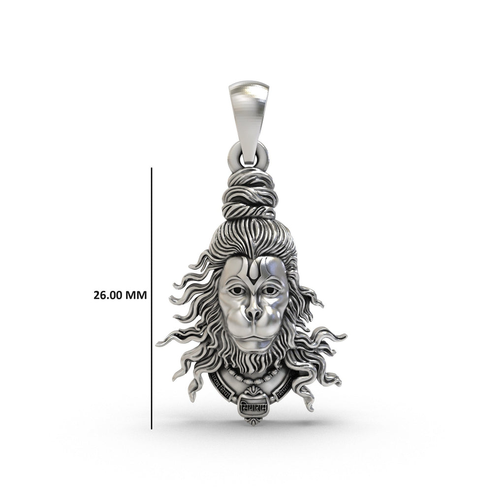 The 925 Silver Hanumanji Face Pendant worn on a chain, showcasing its size and appearance against a neutral background.