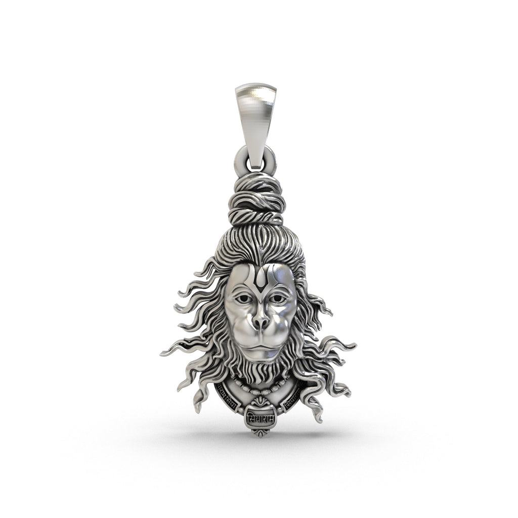 Front view of the oxidized 925 Silver Hanumanji Face Pendant, showing intricate details and a sacred design.