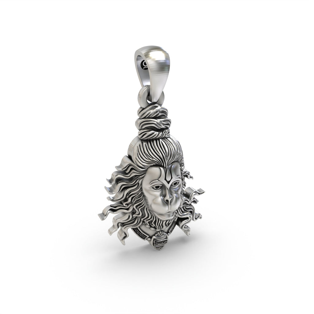 Close-up detail of the 925 Silver Hanumanji Face Pendant, focusing on the antique oxidized texture and craftsmanship.