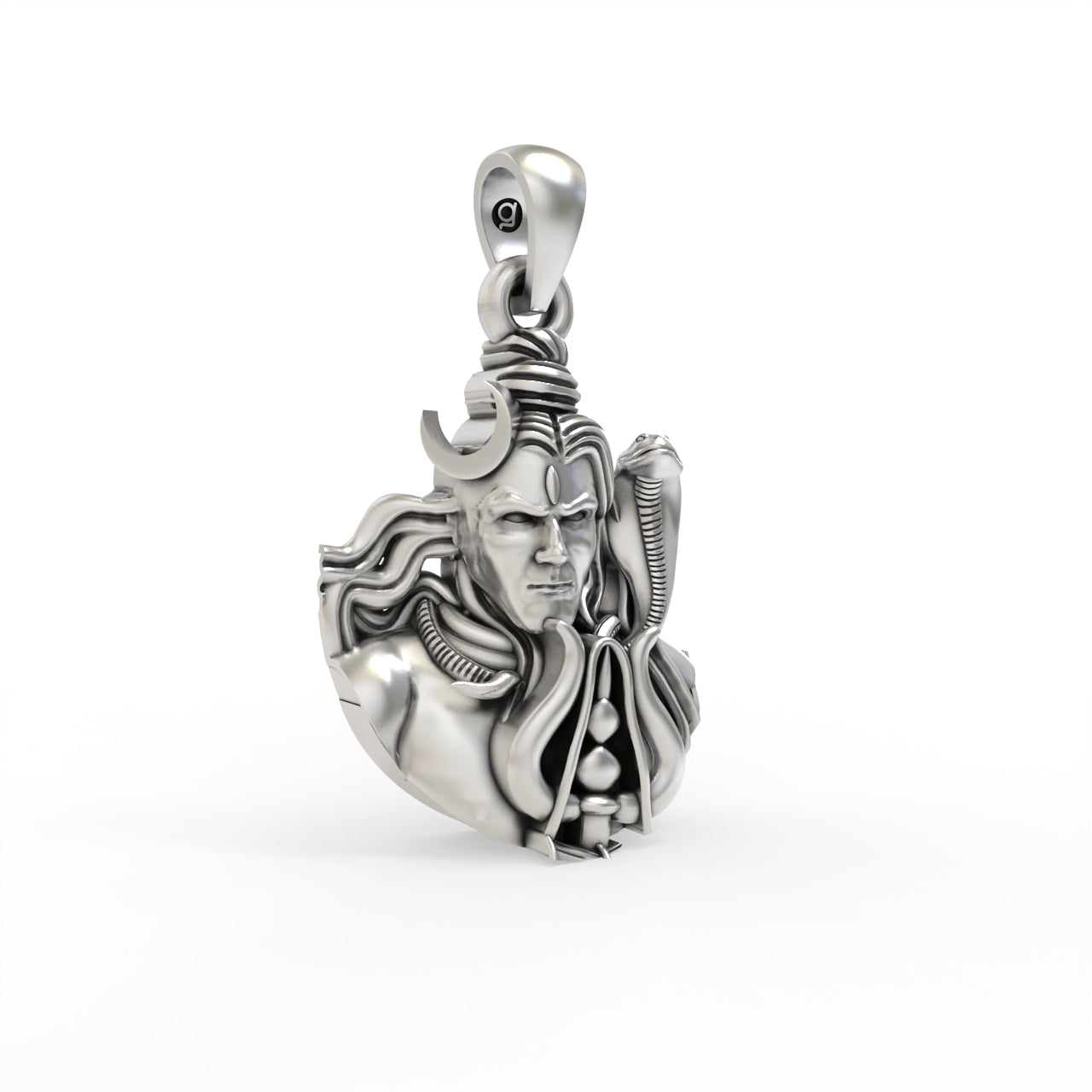 Close-up detail of the mini sterling silver Shiva pendant crafted for small kids.