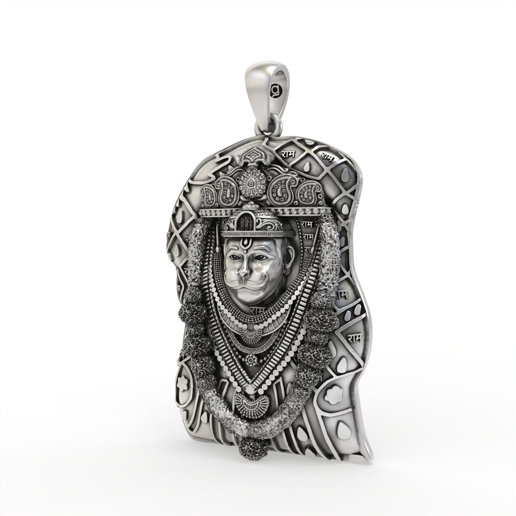 Angled view of the 925 silver Bhurakhiya Hanuman pendant, highlighting the depth and antique oxidized finish.