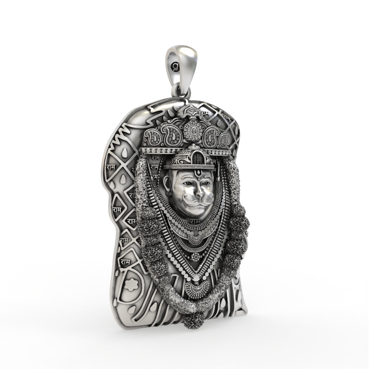 A close-up shot of the Bhurakhiya Hanuman pendant in sterling silver, focusing on the deity's facial features.