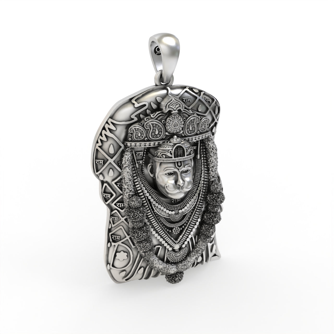 Side profile of the 40mm Bhurakhiya Hanuman sterling silver pendant, showing its thickness and detailed texture.