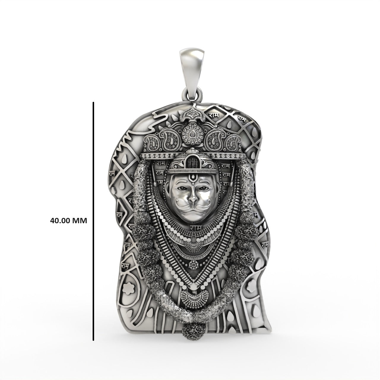A 925 silver Bhurakhiya Hanuman pendant shown with a chain to illustrate its size and how it hangs when worn.