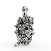 Side angle of the lightweight silver Kanha pendant highlighting its smooth finish for children.