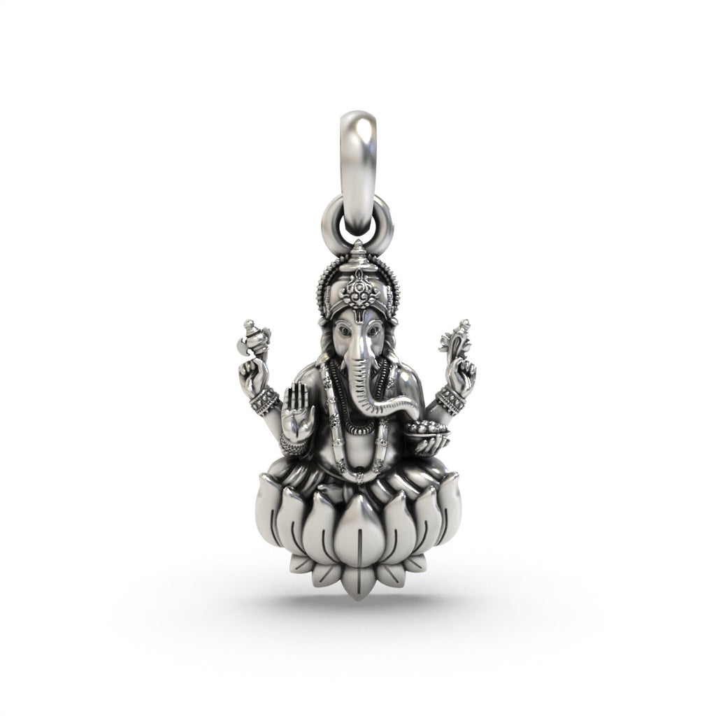 925 silver Ganesha lotus pendant front view,