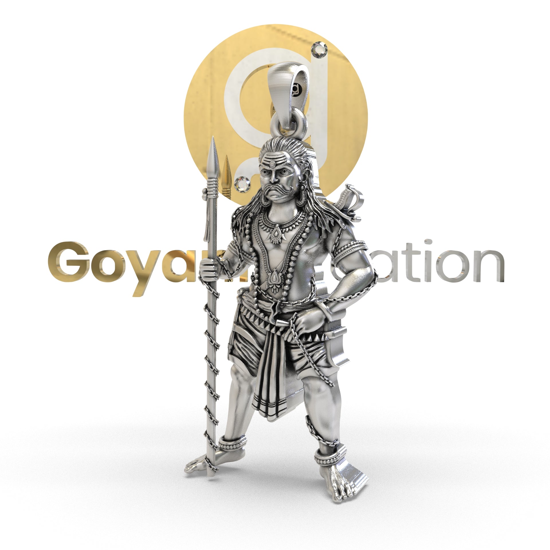 A detailed close-up of the Sangili Karuppan pendant, highlighting the oxidized finish on 925 sterling silver.