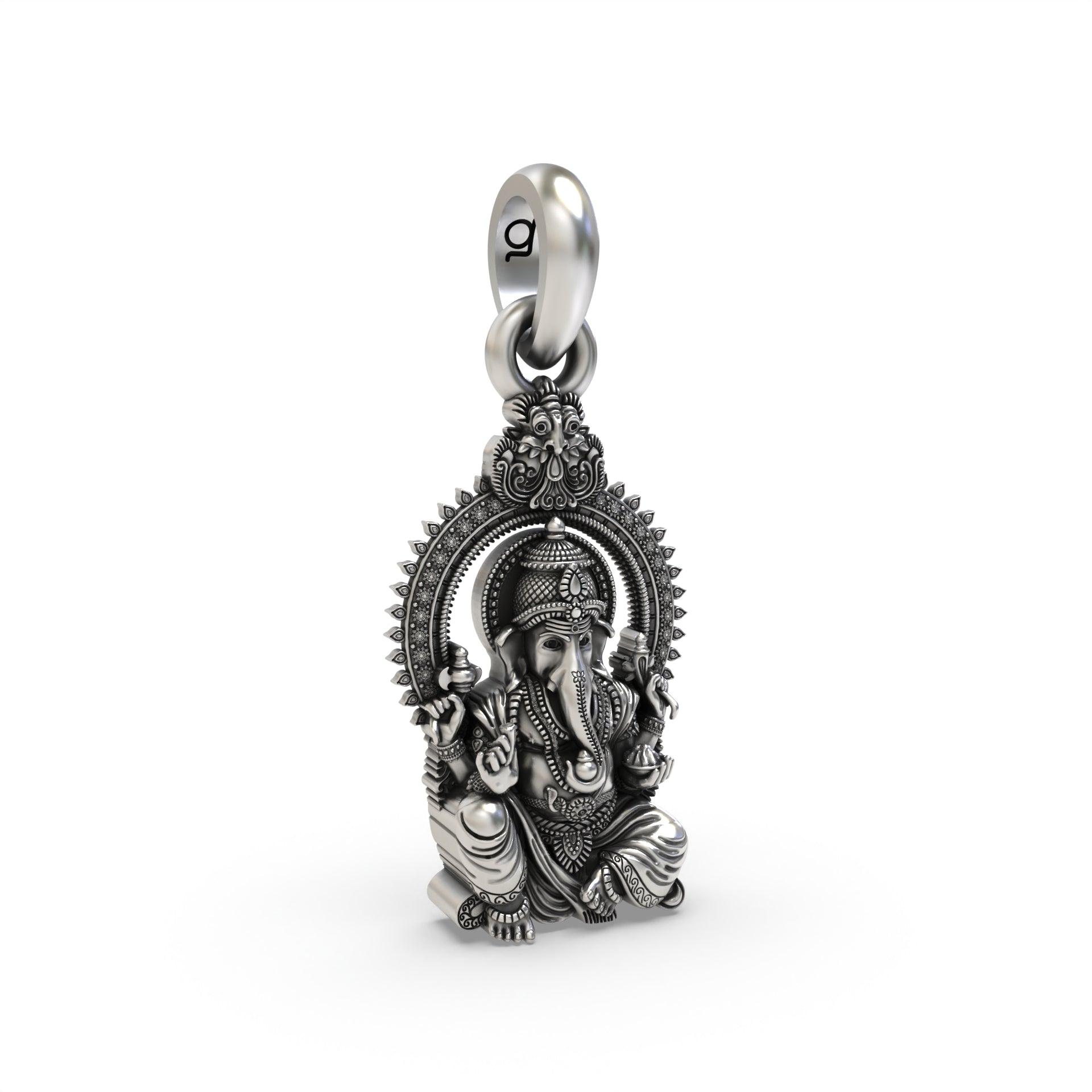 Oxidized Vakratunda Ganesh pendant craftsmanship angle,