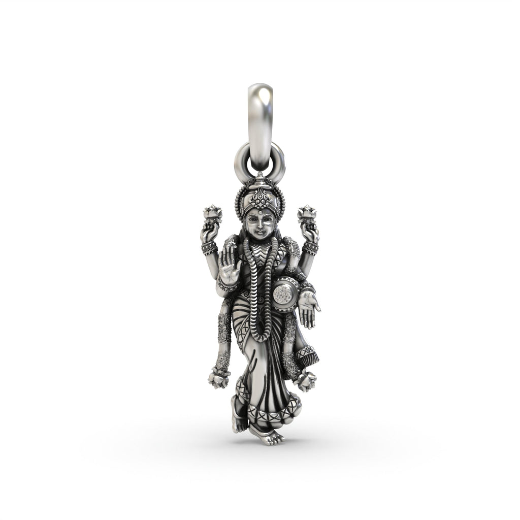 Front view of the Alankar Silver Standing Lakshmi Pendant, showcasing the goddess in an oxidized 925 sterling silver finish.