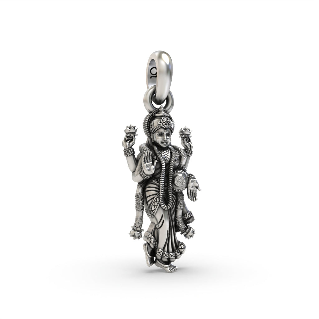 Close-up detail of the Silver Standing Lakshmi Pendant, showing the intricate carvings of the goddess in 925 silver.