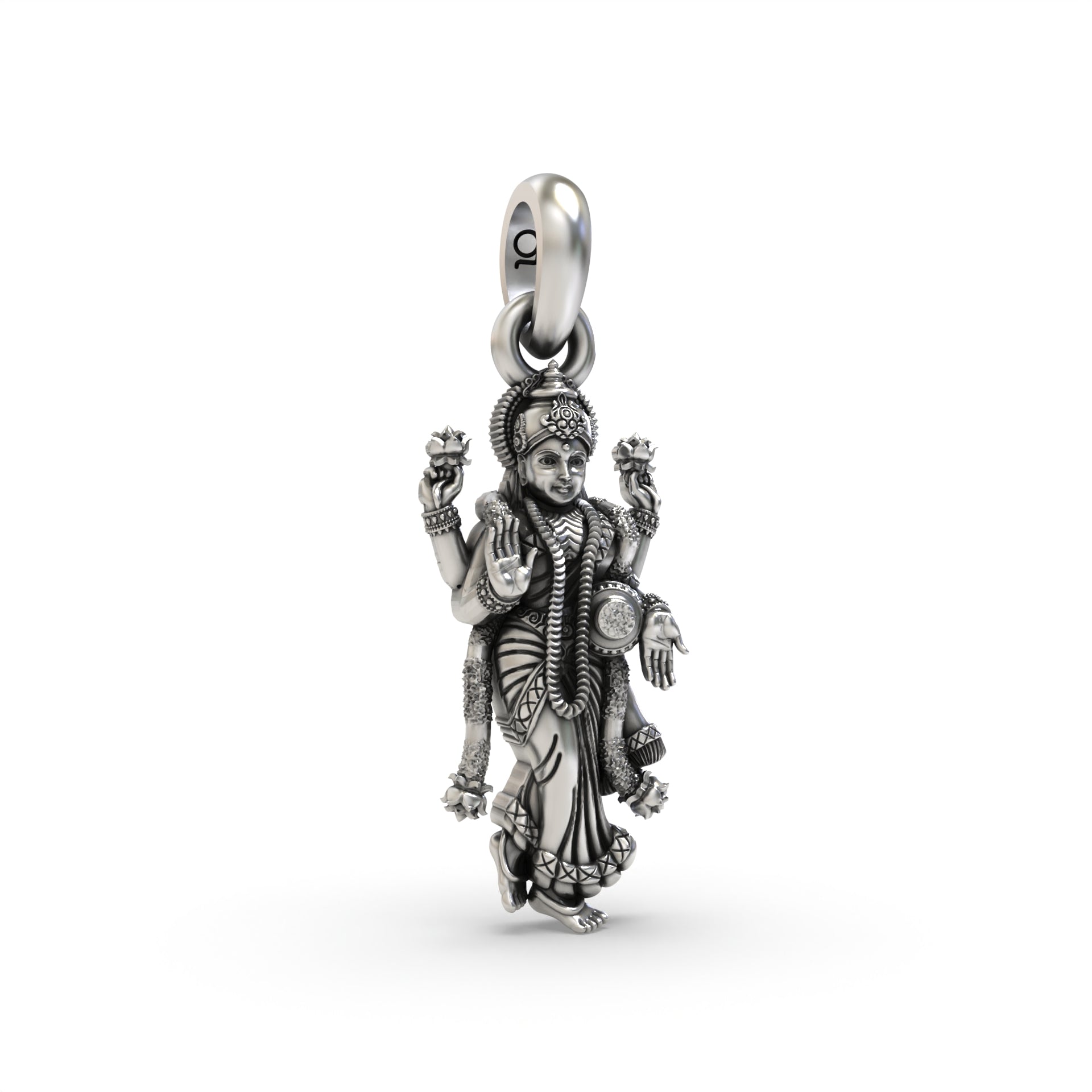 Close-up detail of the Silver Standing Lakshmi Pendant, showing the intricate carvings of the goddess in 925 silver.