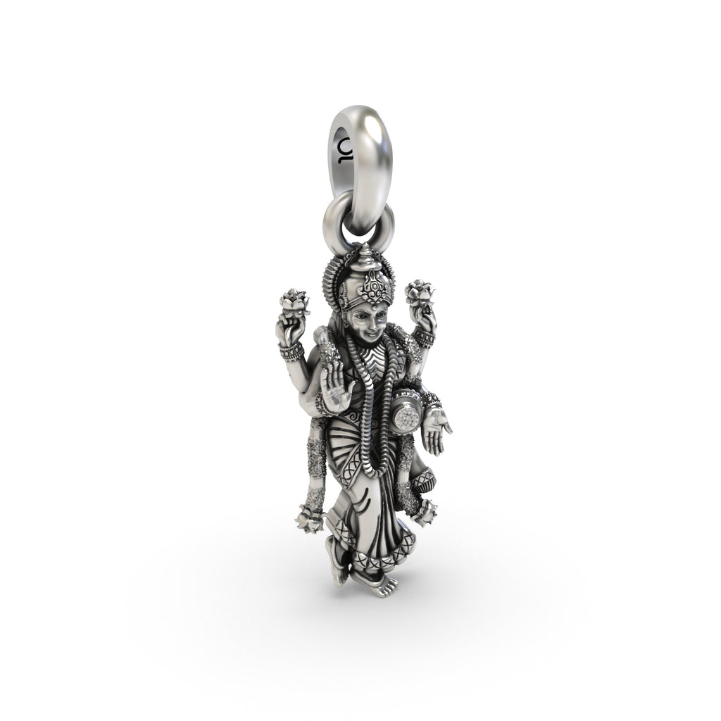 The lightweight hollow back design of the Silver Standing Lakshmi Pendant, crafted for comfortable daily wear and spiritual