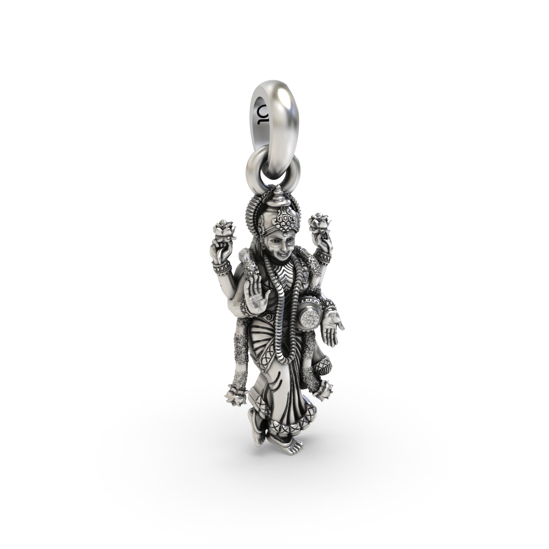 The lightweight hollow back design of the Silver Standing Lakshmi Pendant, crafted for comfortable daily wear and spiritual