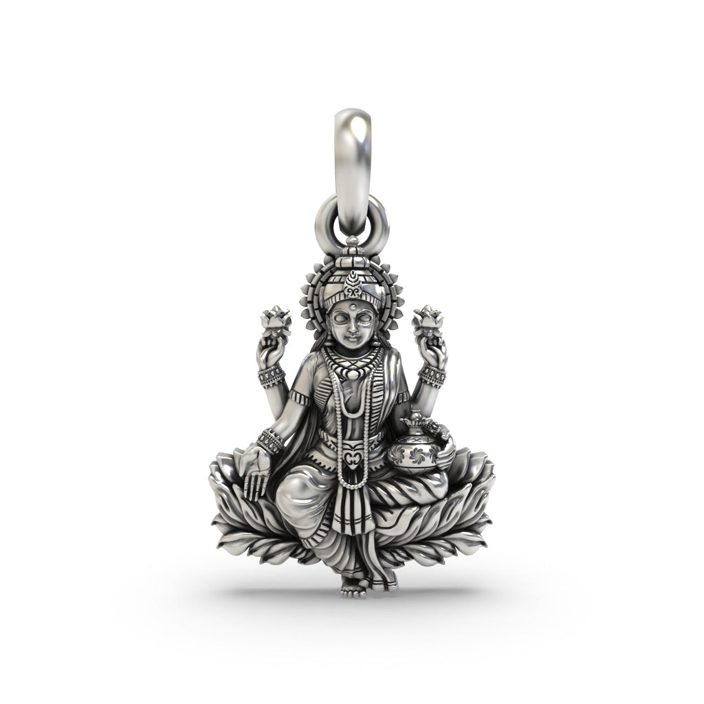 Front view of the Goddess Lakshmi silver pendant, detailed in an oxidized 925 sterling silver lotus design.