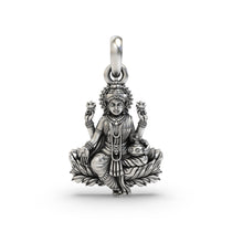 Front view of the Goddess Lakshmi silver pendant, detailed in an oxidized 925 sterling silver lotus design.