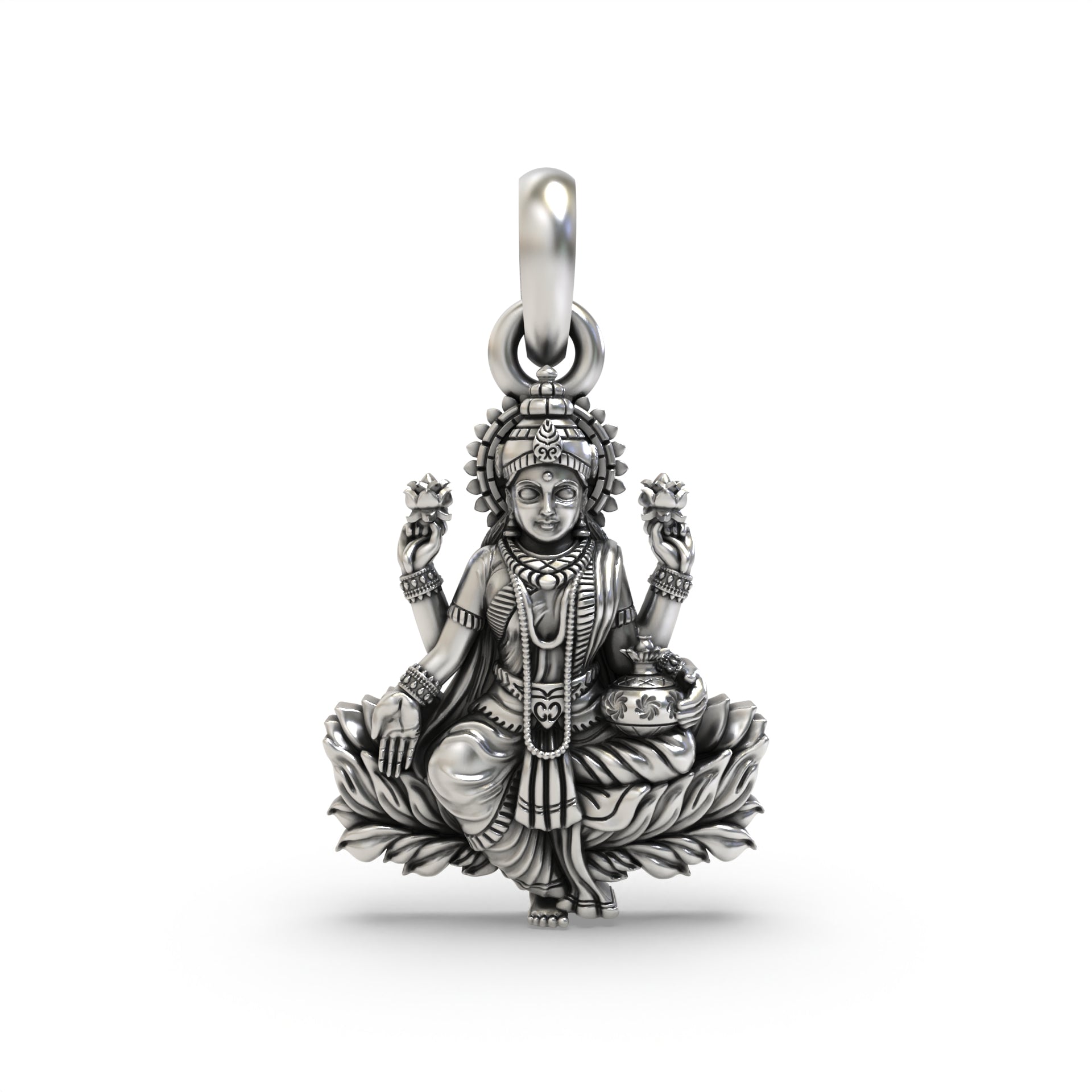 Front view of the Goddess Lakshmi silver pendant, detailed in an oxidized 925 sterling silver lotus design.