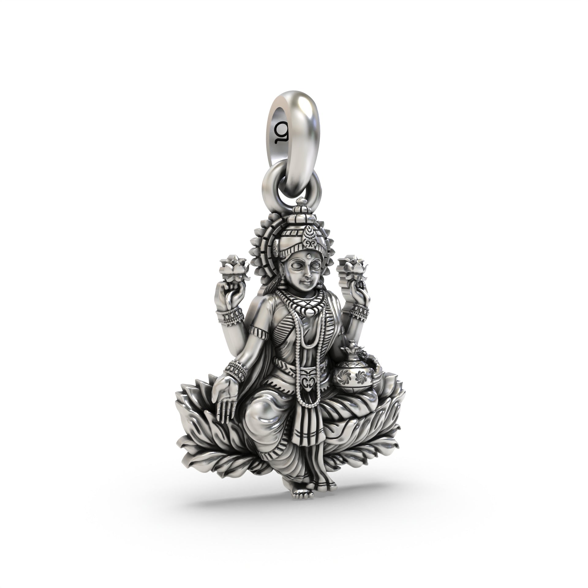 An angled view of the 925 sterling silver Lakshmi pendant, showing its depth and the oxidized lotus flower details.