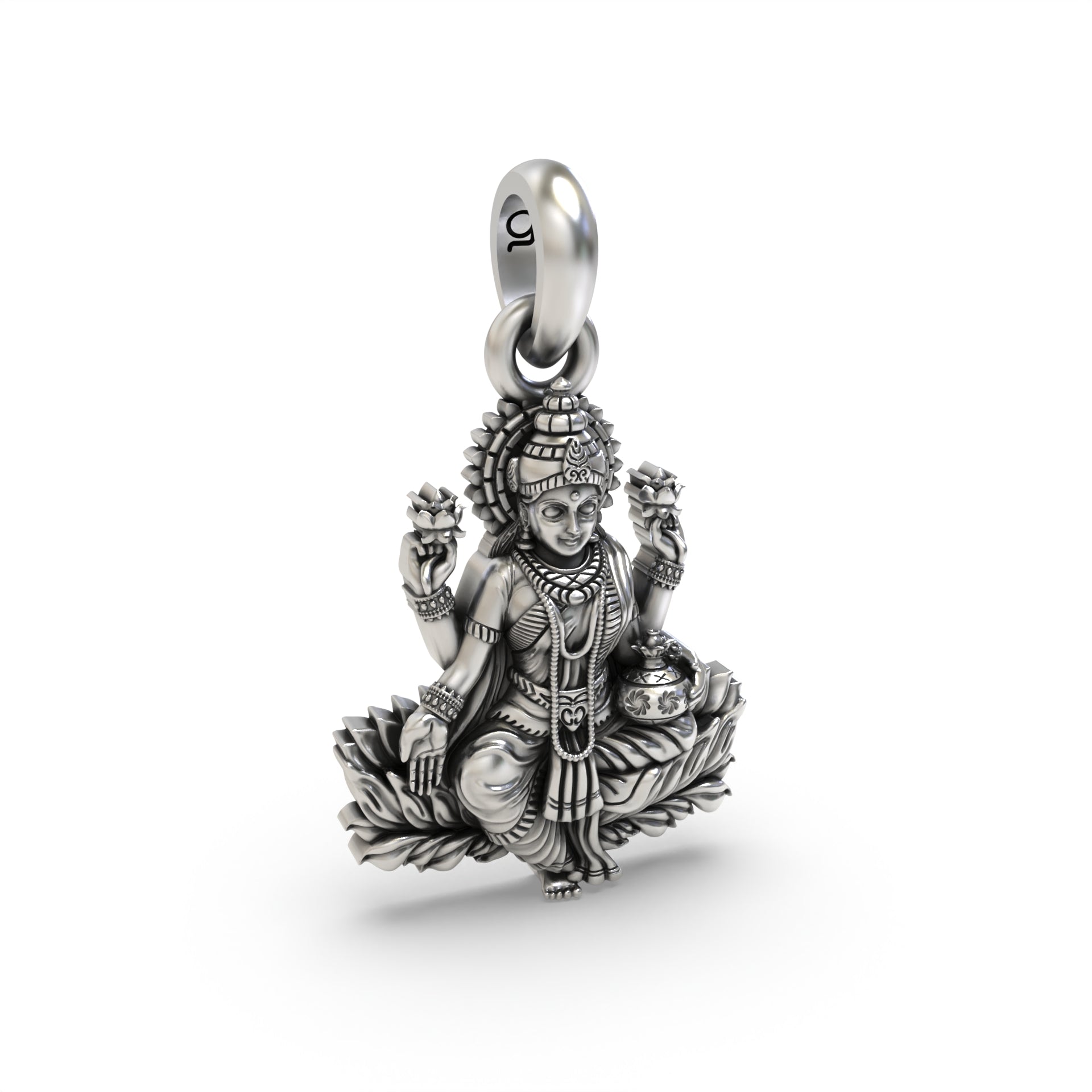 Hollow back design of the 925 sterling silver Lakshmi pendant, crafted for lightweight and comfortable daily wear.