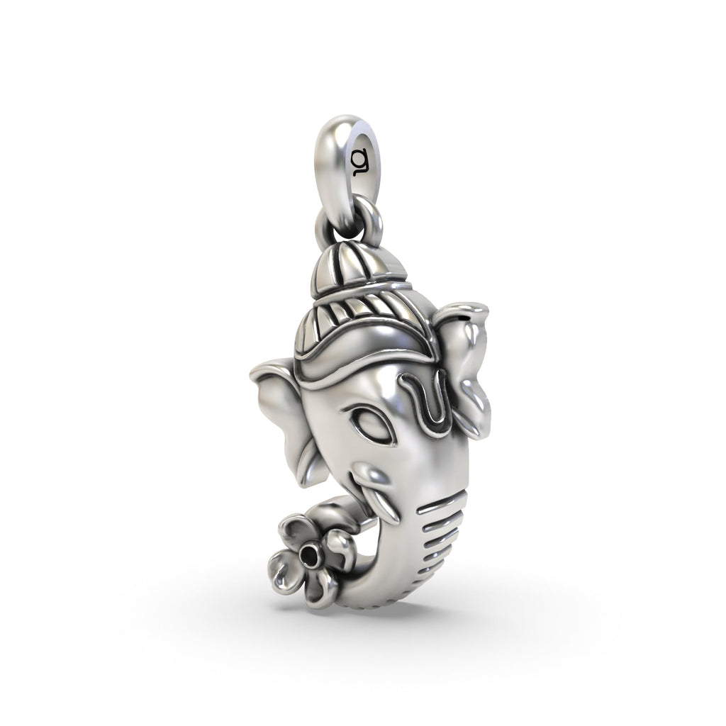 Side angle of the Silver Ganesh Face Pendant, highlighting the 3D craftsmanship and antique oxidized finish.