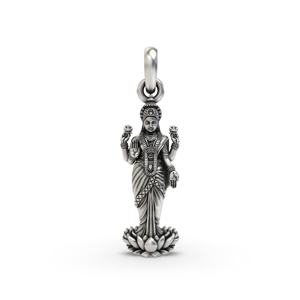 Front view of the Goddess Lakshmi standing on a lotus pendant, crafted in oxidized 925 sterling silver.