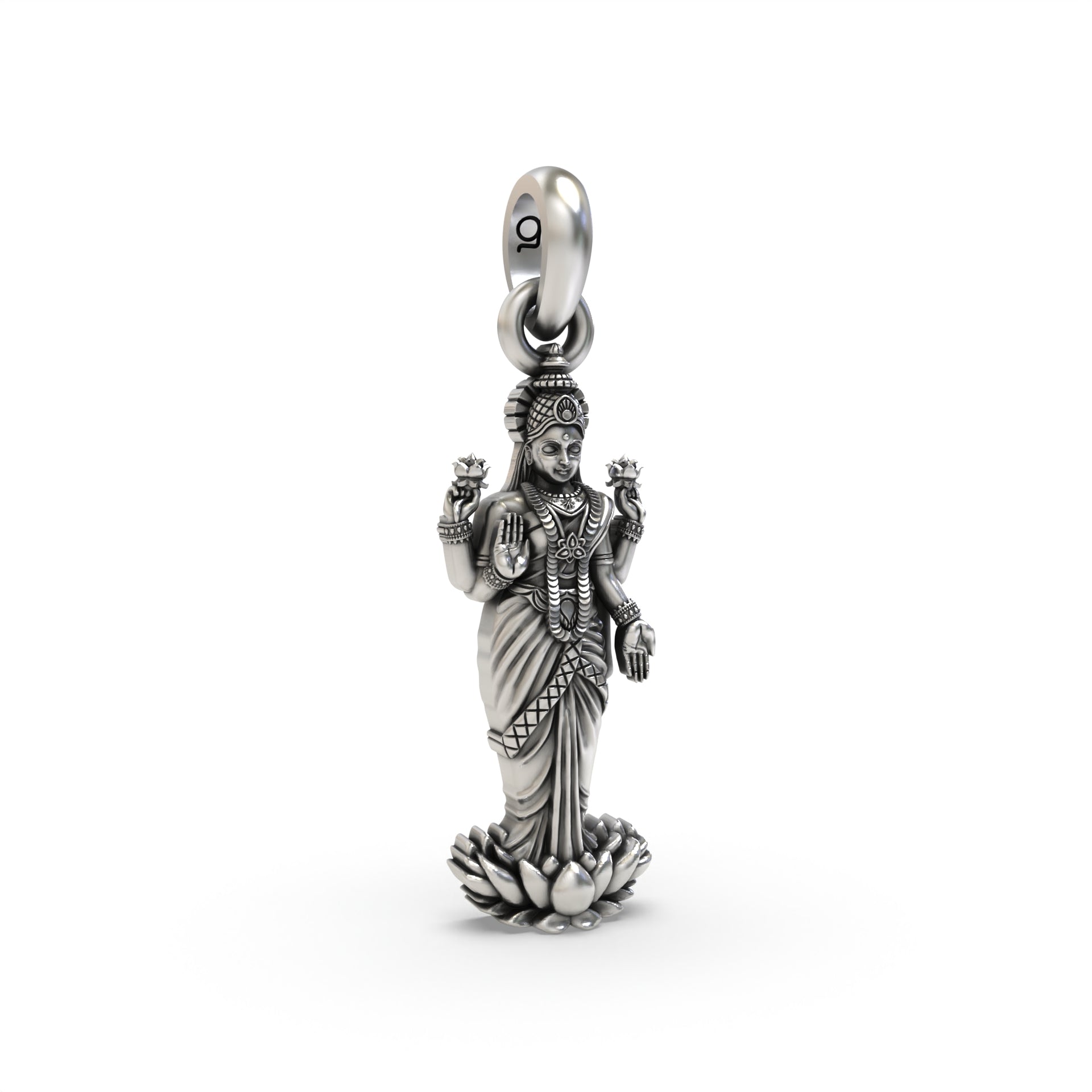 Close-up of the Lakshmi on lotus silver pendant, highlighting the antique oxidized texture and fine craftsmanship.